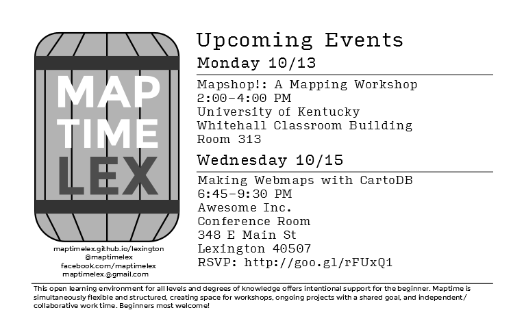The flyer we passed out announcing upcoming maptimeLEX events